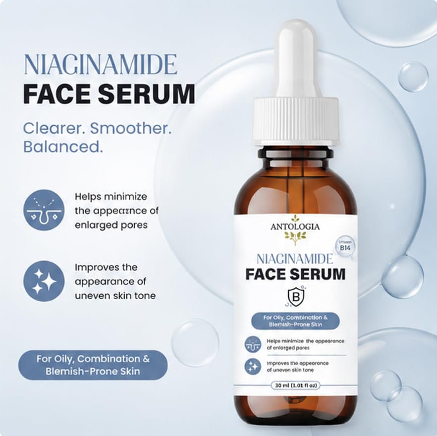 ANTOLOGIA Niacinamide Face Serum with Vitamin B3 for Oily Combination and Blemish Prone Skin Helps Improve Skin Tone Supports Smoother Looking Skin 30 ml