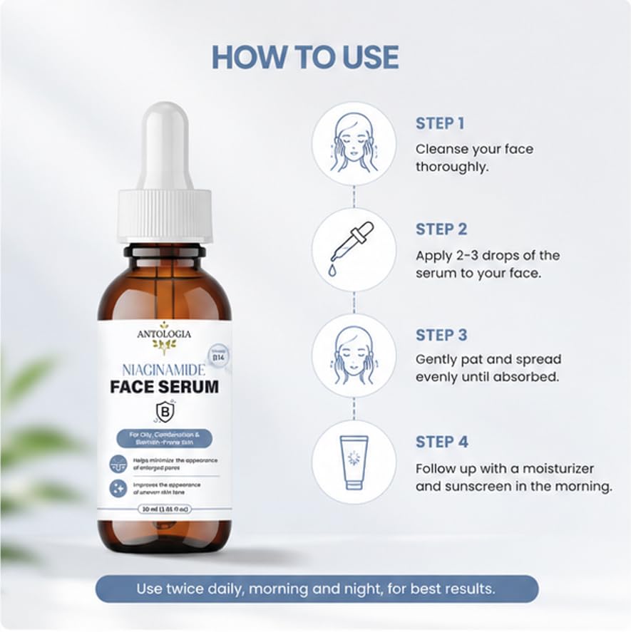 ANTOLOGIA Niacinamide Face Serum with Vitamin B3 for Oily Combination and Blemish Prone Skin Helps Improve Skin Tone Supports Smoother Looking Skin 30 ml