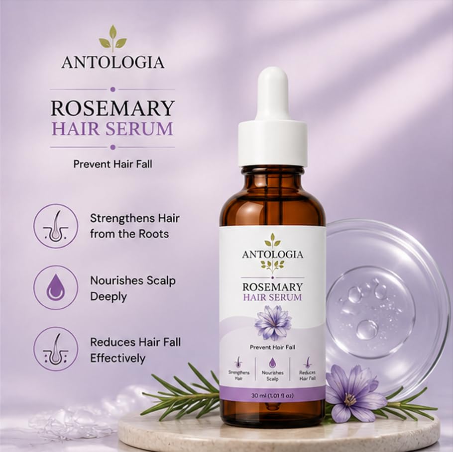 Antologia Rosemary Hair Serum for Hair Fall Control & Scalp Nourishment, Lightweight Hair Care Serum for Stronger and Healthier Looking Hair, 30ml