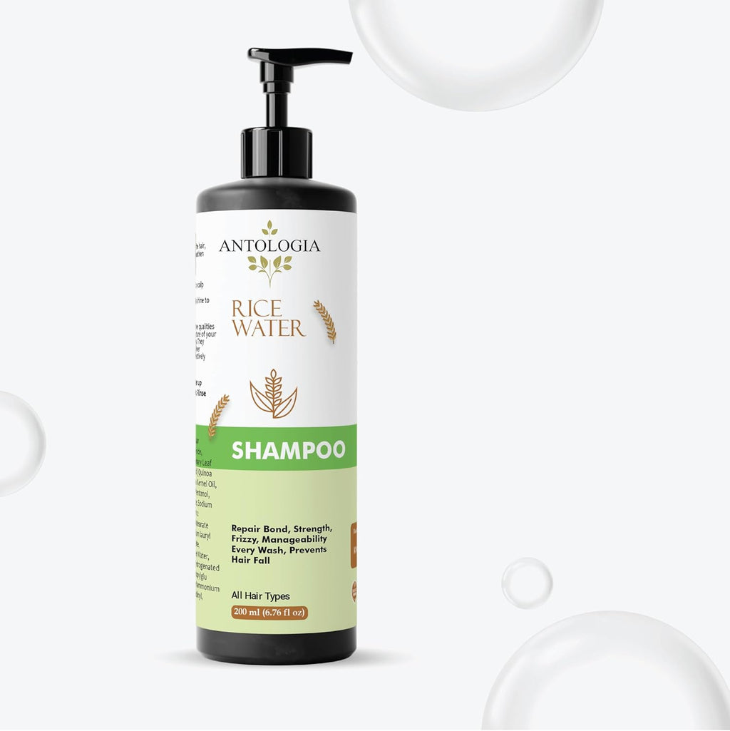 Antologia Rice Water Shampoo for All Hair Types, Repair Bond Strength, Anti-Frizz, Prevents Hair Fall, Deep Nourishment, 200ml