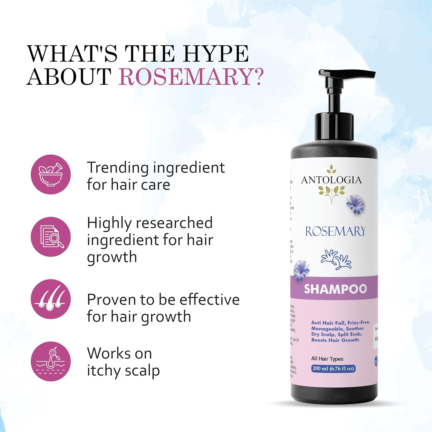 Antologia Rosemary Shampoo, Anti Hair Fall, Frizz-Free, Boosts Hair Growth, All Hair Types, 200ml