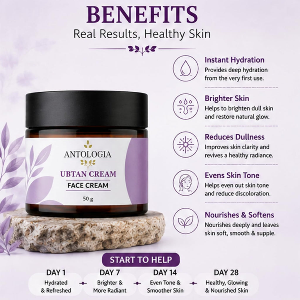 Antologia Ubtan Face Cream for Glowing & Nourished Skin, Daily Moisturising Cream with Ubtan Care Formula for Soft Smooth Skin, Lightweight Face Cream, 50g