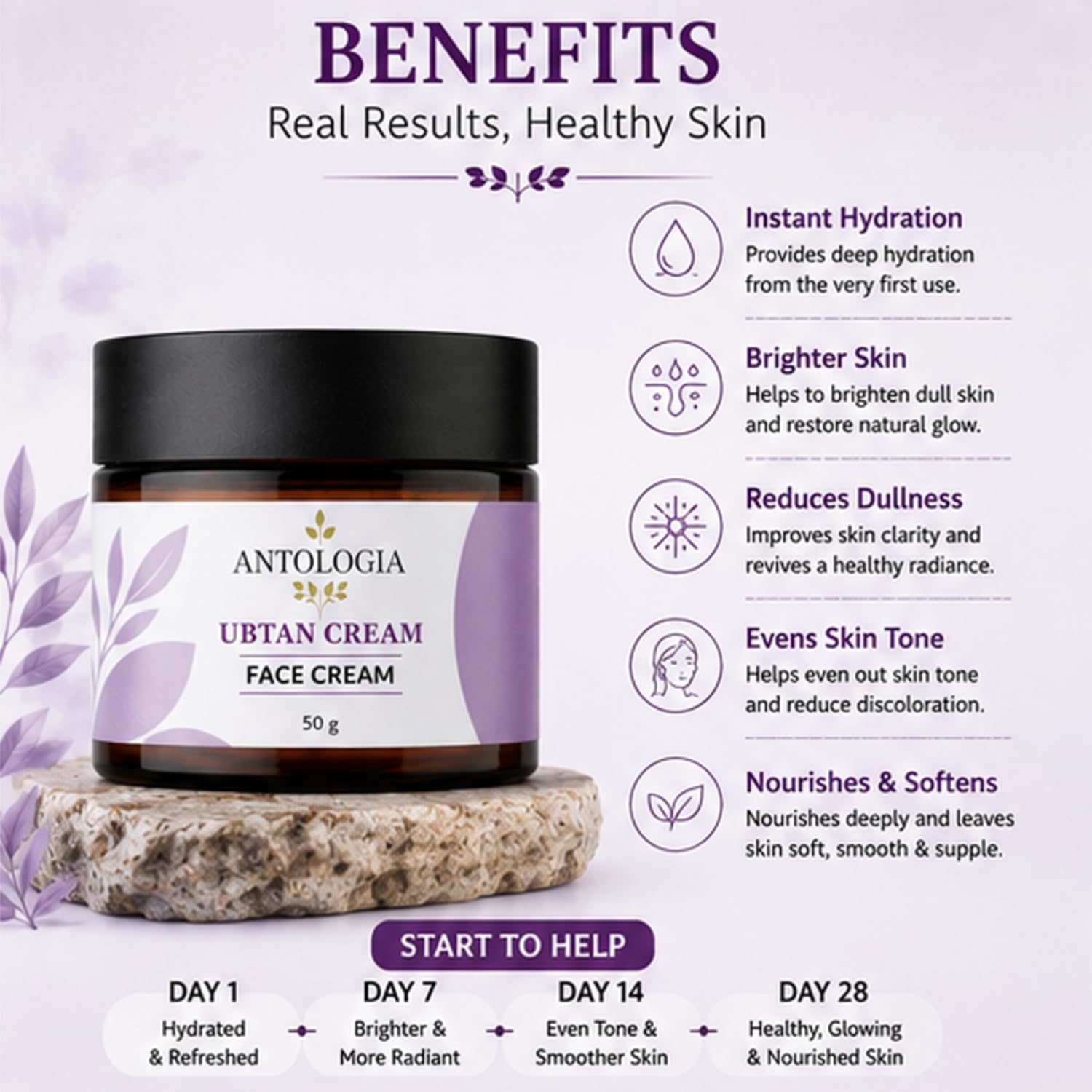 Antologia Ubtan Face Cream for Glowing & Nourished Skin, Daily Moisturising Cream with Ubtan Care Formula for Soft Smooth Skin, Lightweight Face Cream, 50g