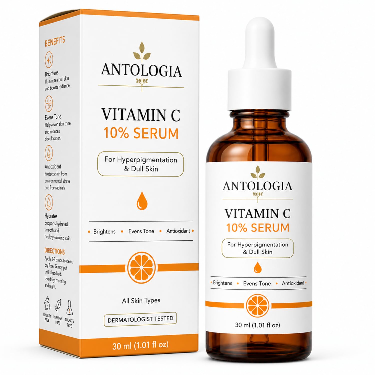 Antologia Vitamin C 10% Serum for Hyperpigmentation & Dull Skin, Brightening Facial Serum for Even Tone & Radiant Looking Skin, Lightweight Formula, 30ml