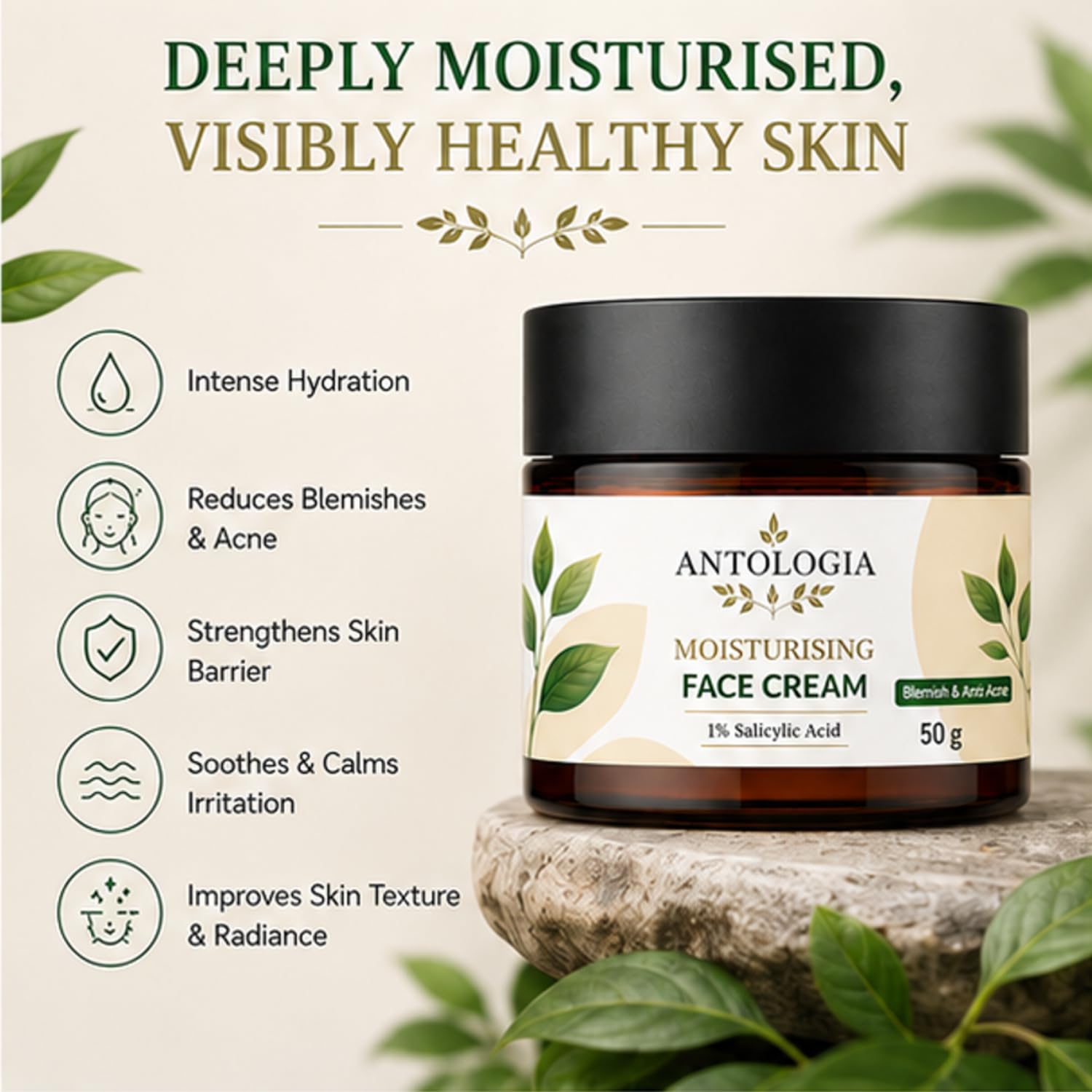 Antologia Moisturising Face Cream with 1% Salicylic Acid for Acne & Blemish Control, Hydrating Daily Face Moisturizer for Oily & Combination Skin, 50g