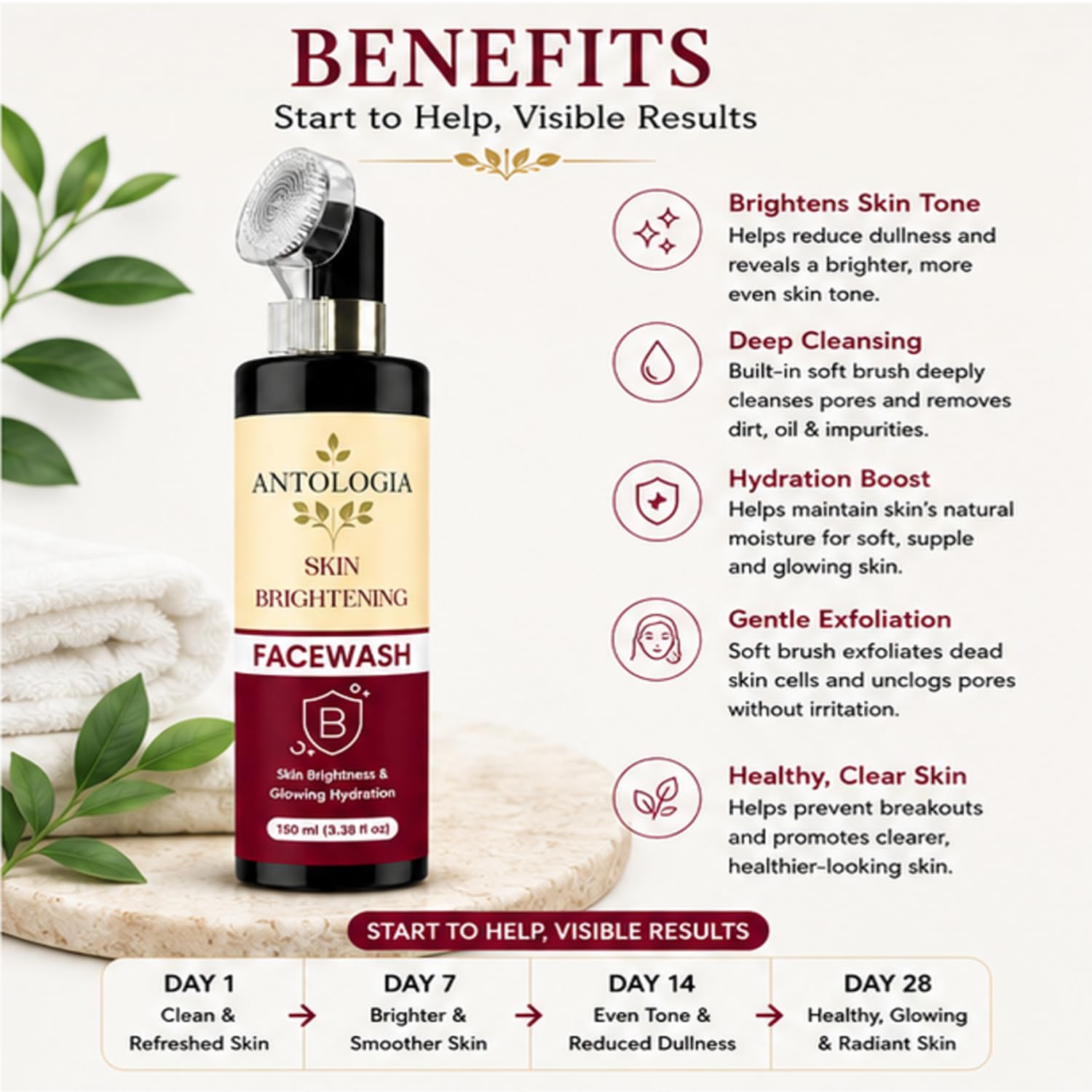 Antologia Skin Brightening Face Wash for Glowing & Hydrated Skin, Gentle Daily Facial Cleanser for Fresh and Healthy Looking Skin, Lightweight Formula, 150ml