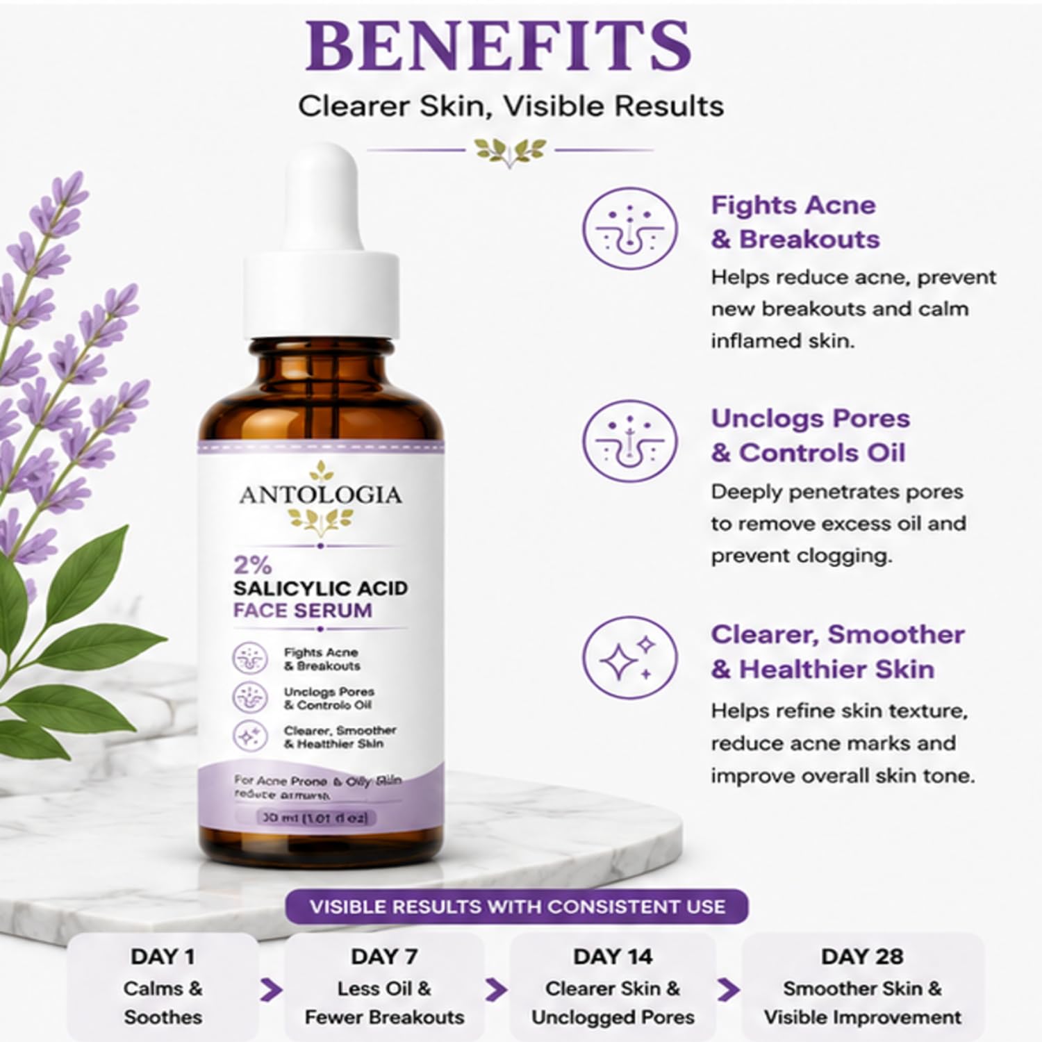 Antologia 2% Salicylic Acid Face Serum for Acne & Oil Control, Lightweight Facial Serum for Acne Prone and Oily Skin, Daily Skincare Formula, 30ml