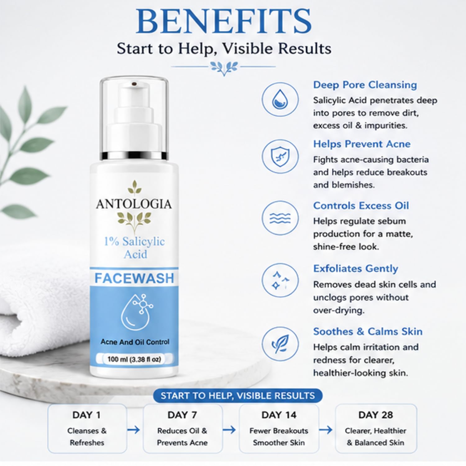 Antologia 1% Salicylic Acid Face Wash for Acne & Oil Control, Gentle Daily Facial Cleanser for Oily and Acne Prone Skin, Lightweight Formula, 100ml