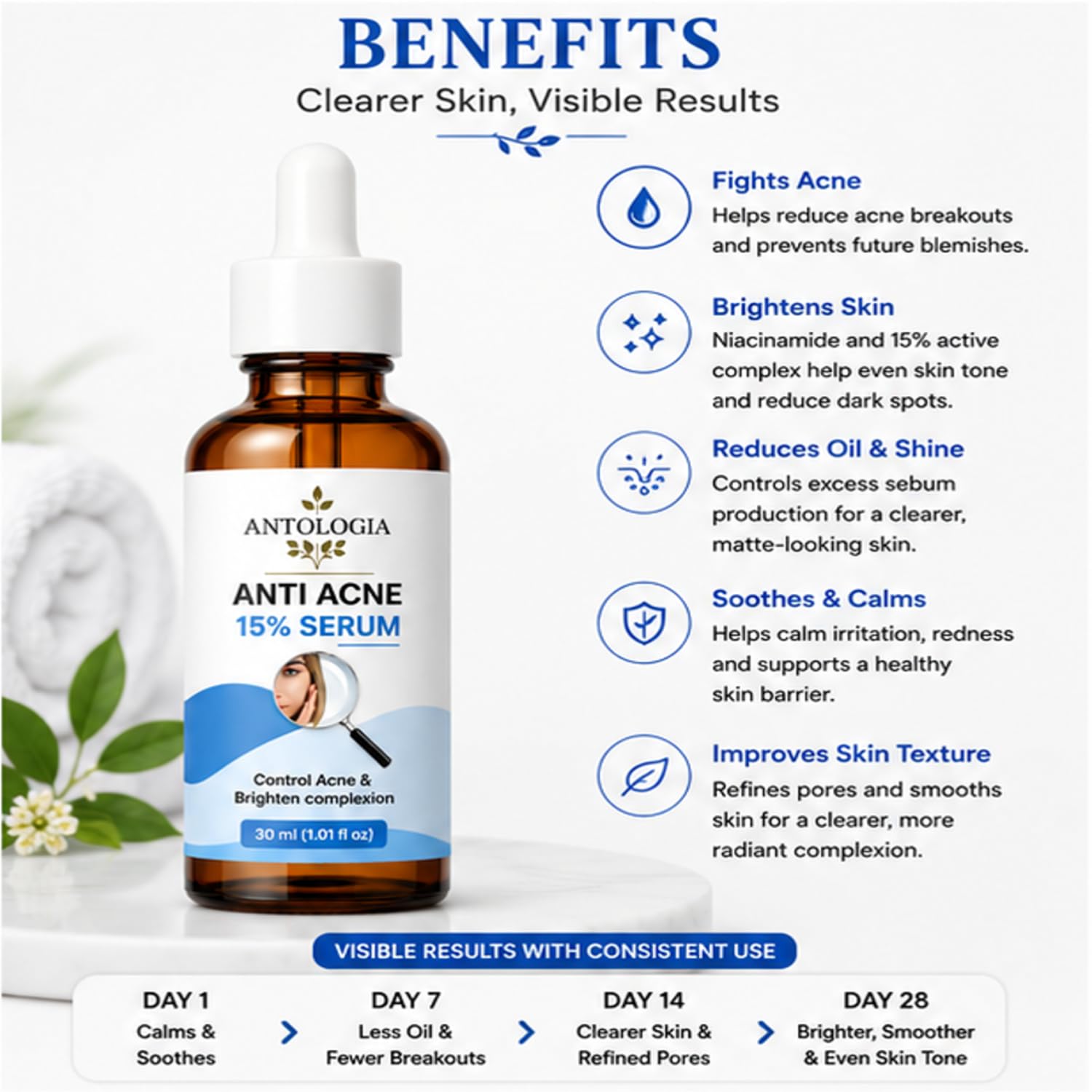 ANTOLOGIA Anti Acne Face Serum 15 Percent Formula for Blemish Prone Skin Helps Improve Skin Clarity Supports Smoother Looking Skin Lightweight Daily Facial Serum 30 ml