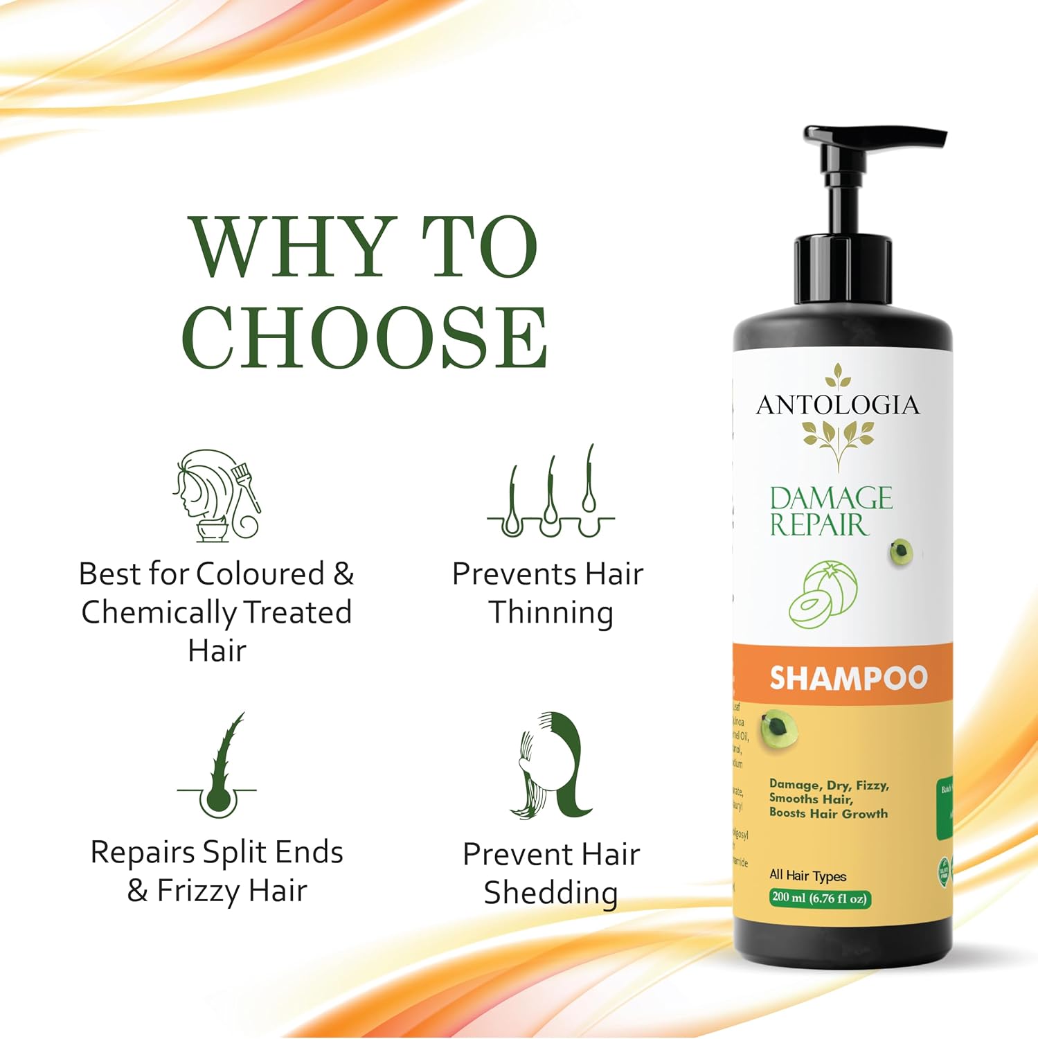 Antologia Damage Repair Shampoo, All Hair Types, Boosts Hair Growth, Smooths Hair, 200ml