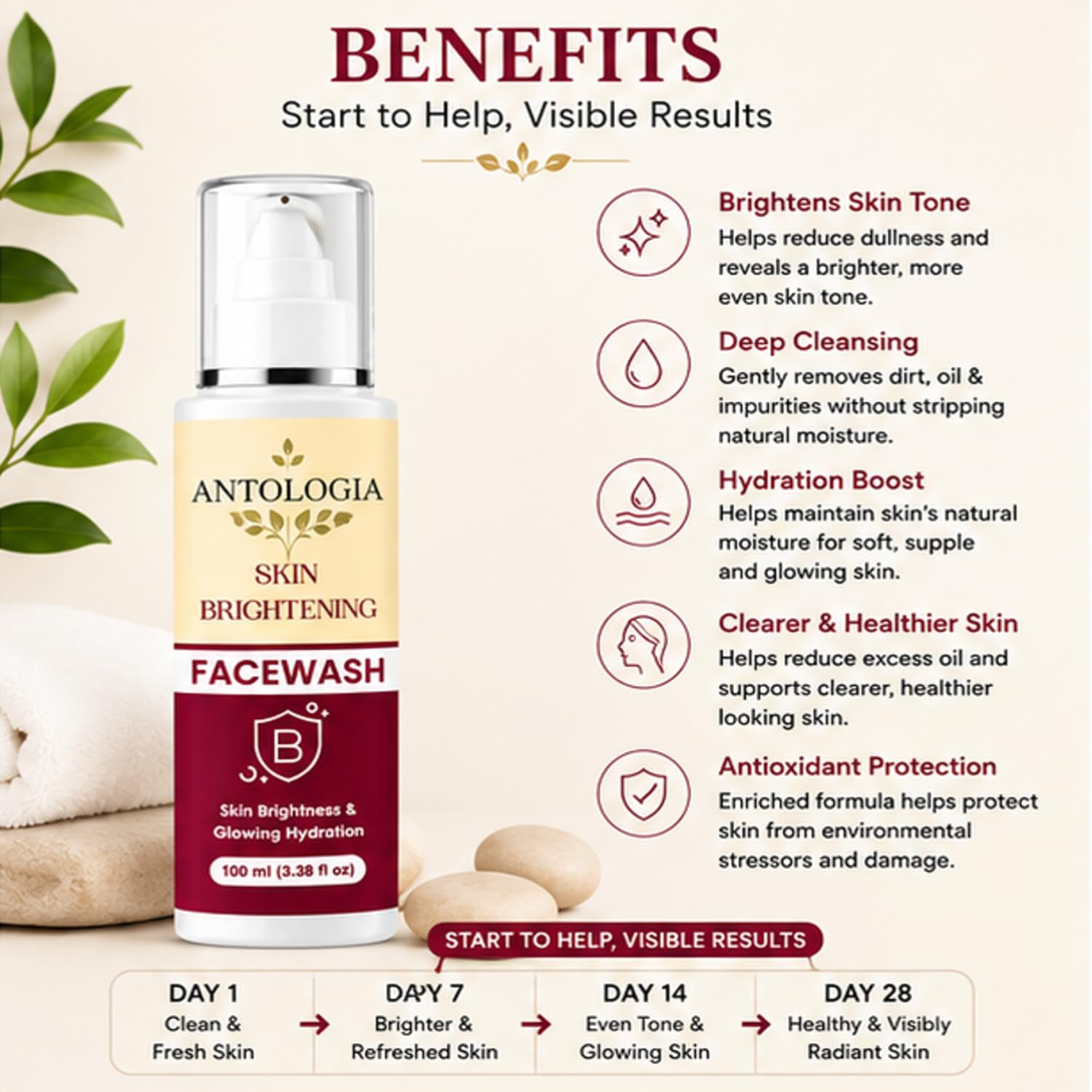 Antologia Skin Brightening Face Wash for Glowing & Hydrated Skin, Gentle Daily Facial Cleanser for Fresh and Healthy Looking Skin, Lightweight Formula, 100ml