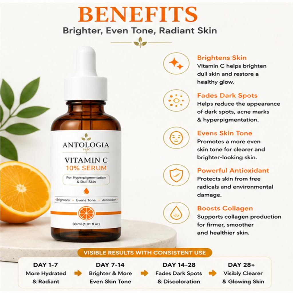 Antologia Vitamin C 10% Serum for Hyperpigmentation & Dull Skin, Brightening Facial Serum for Even Tone & Radiant Looking Skin, Lightweight Formula, 30ml