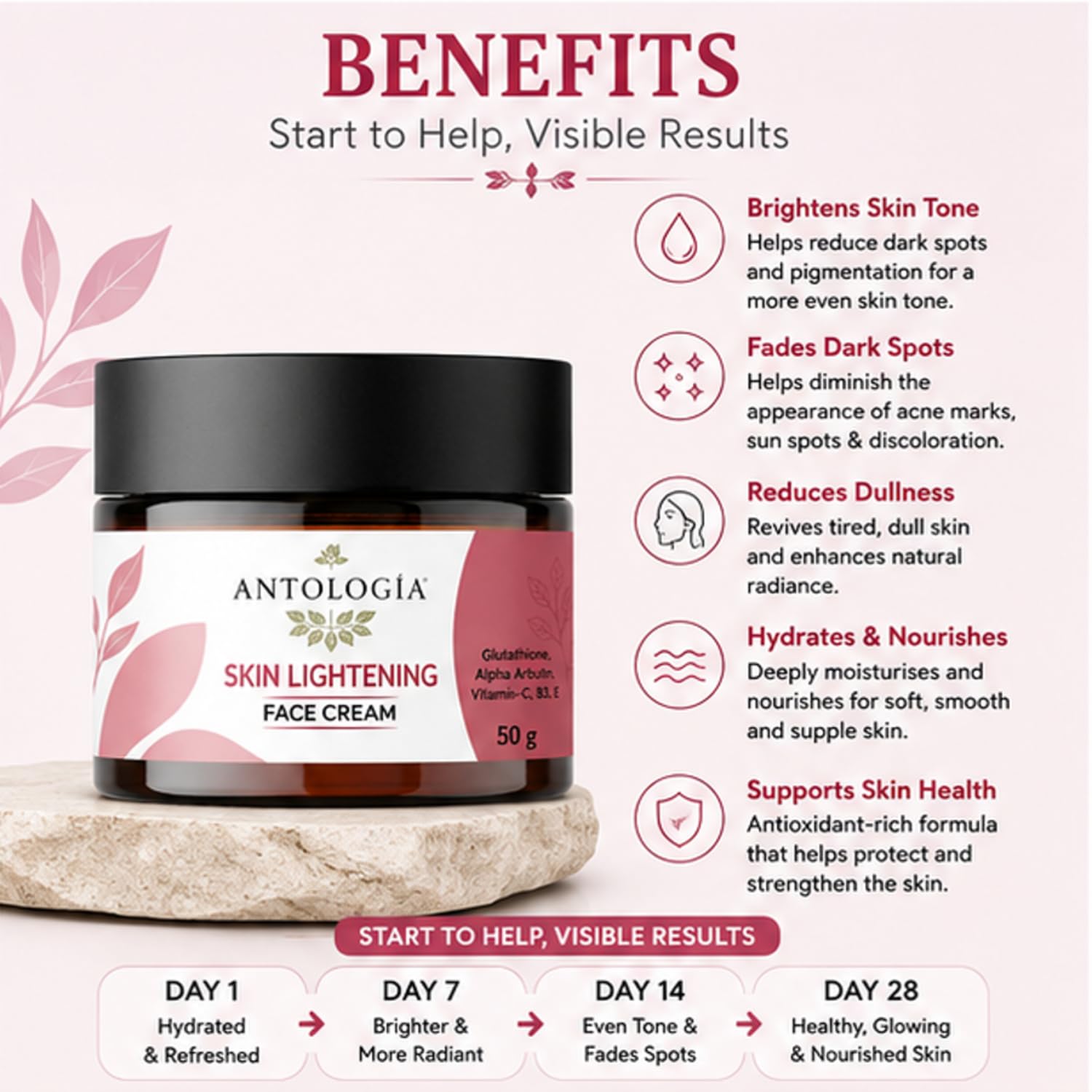 Antologia Skin Lightening Face Cream with Glutathione, Alpha Arbutin, Vitamin C, B3 & E, Daily Moisturising Cream for Bright and Even Looking Skin, 50g