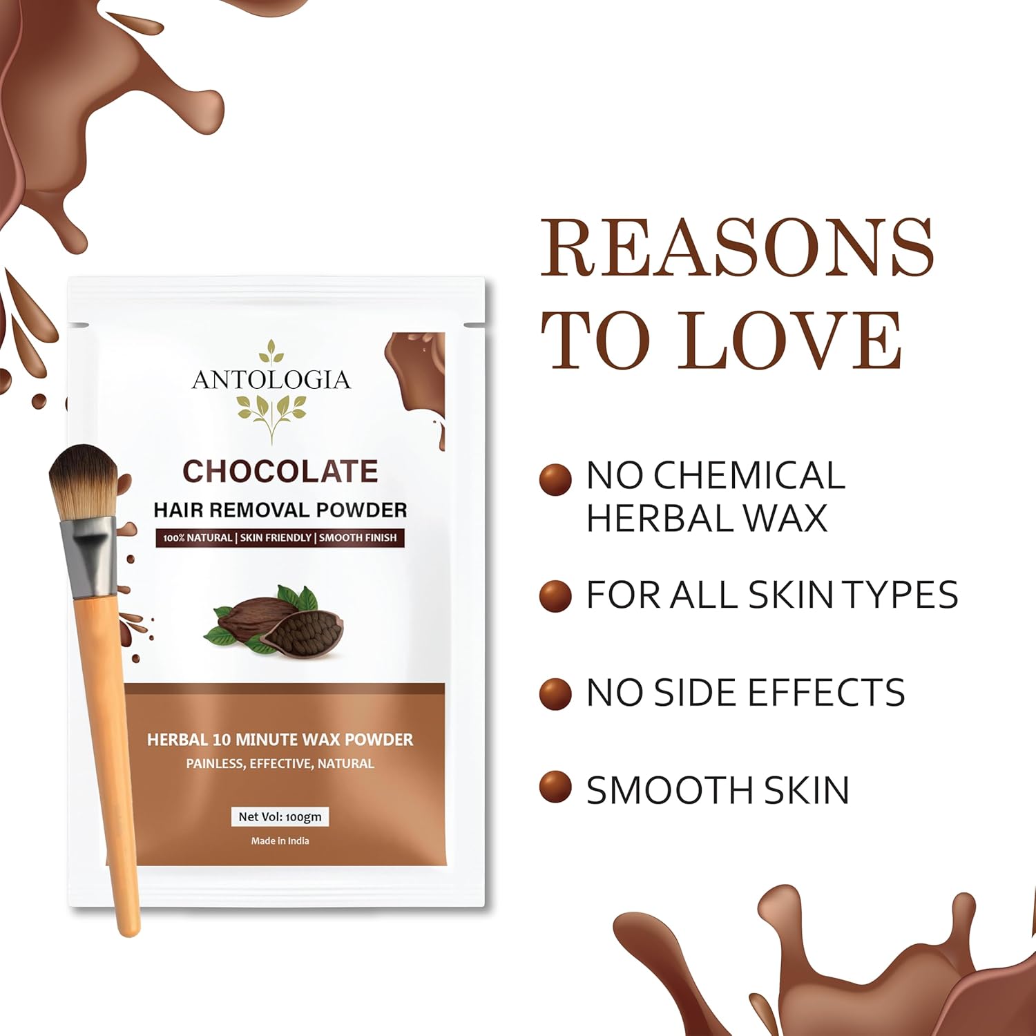 Antologia Hair Removal Powder, 100% Natural, Skin Friendly, Herbal 10 Minute Wax Powder, Painless (Chocolate)