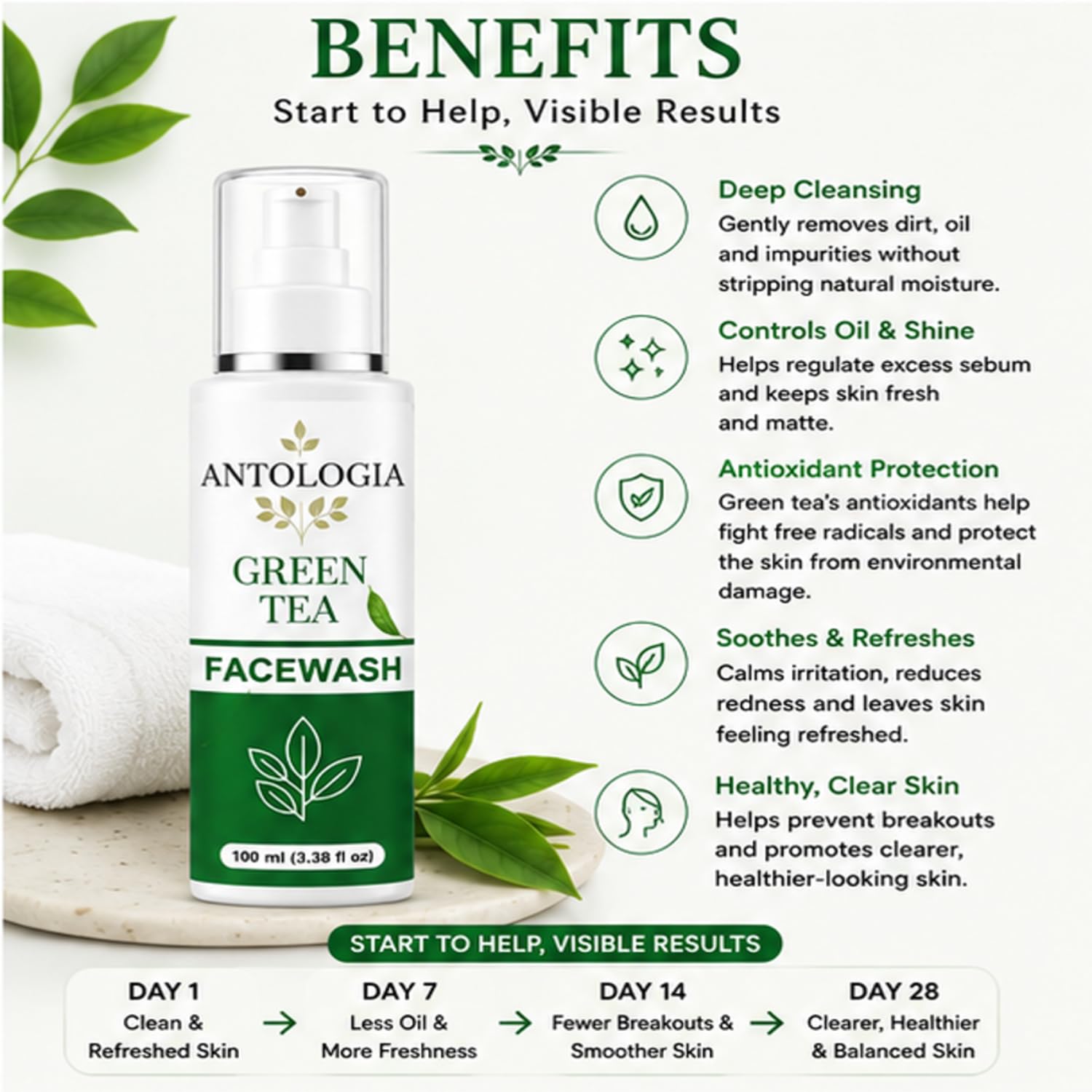 Antologia Green Tea Face Wash for Fresh & Clean Looking Skin, Gentle Daily Facial Cleanser with Refreshing Formula for Oily and Combination Skin, 100ml