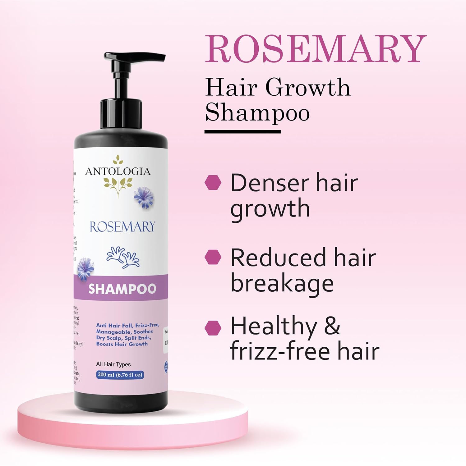 Antologia Rosemary Shampoo, Anti Hair Fall, Frizz-Free, Boosts Hair Growth, All Hair Types, 200ml