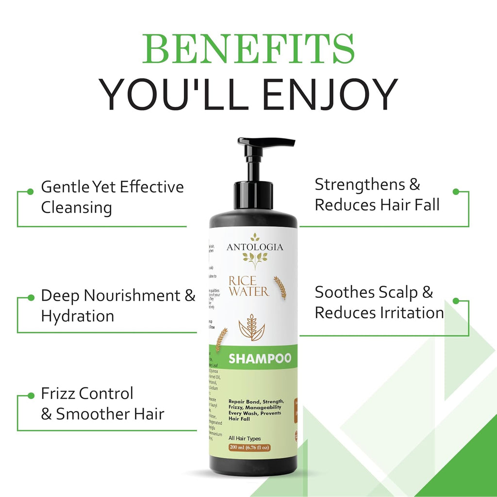 Antologia Rice Water Shampoo for All Hair Types, Repair Bond Strength, Anti-Frizz, Prevents Hair Fall, Deep Nourishment, 200ml