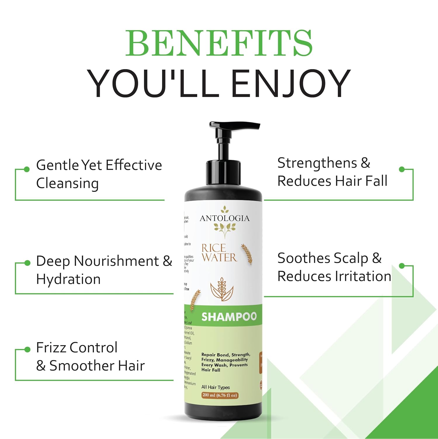 Antologia Rice Water Shampoo for All Hair Types, Repair Bond Strength, Anti-Frizz, Prevents Hair Fall, Deep Nourishment, 200ml