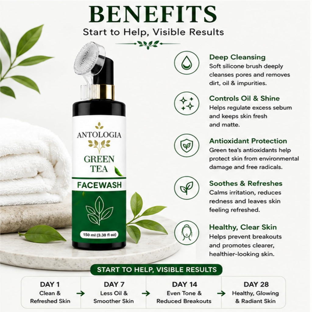Antologia Green Tea Face Wash for Fresh & Clean Looking Skin, Gentle Daily Facial Cleanser with Refreshing Formula for Oily and Combination Skin, 150ml