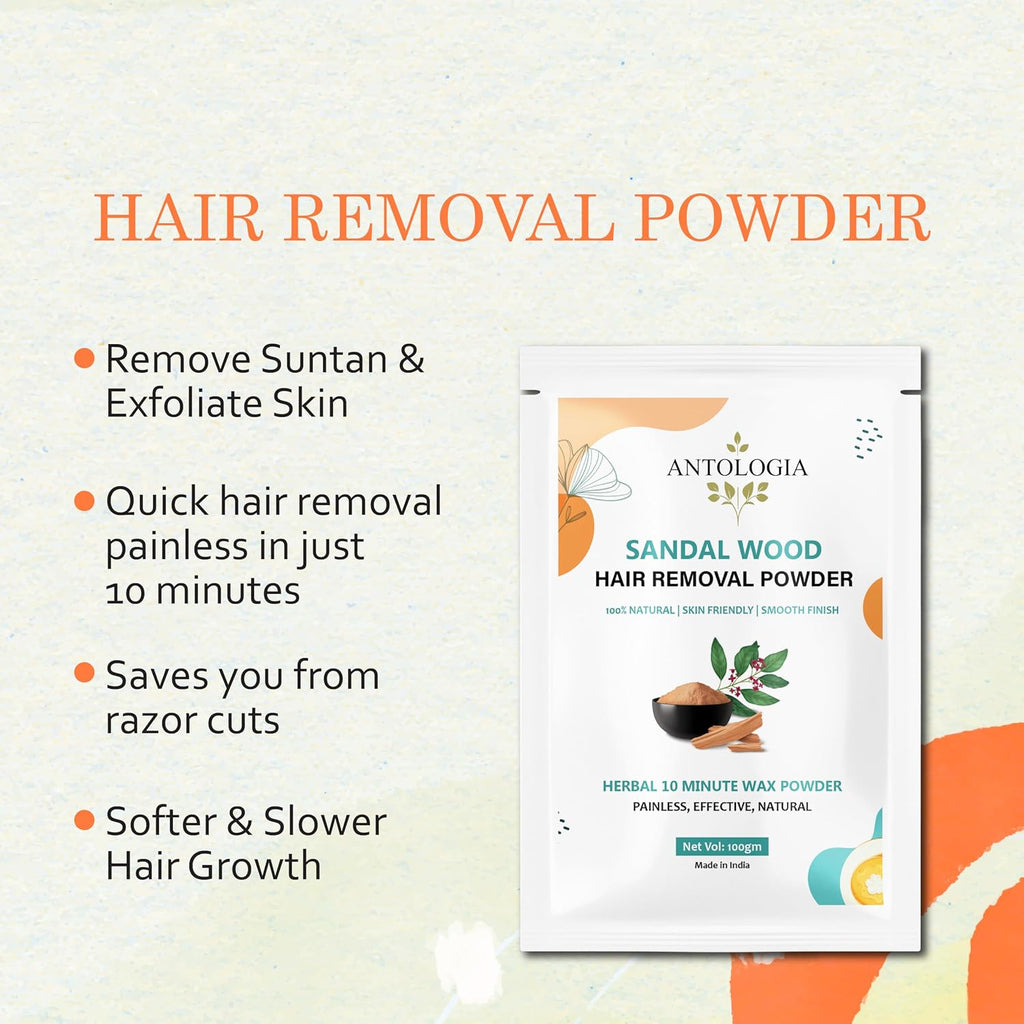 Antologia Hair Removal Powder, 100% Natural, Skin Friendly, Herbal 10 Minute Wax Powder, Painless (Sandalwood)