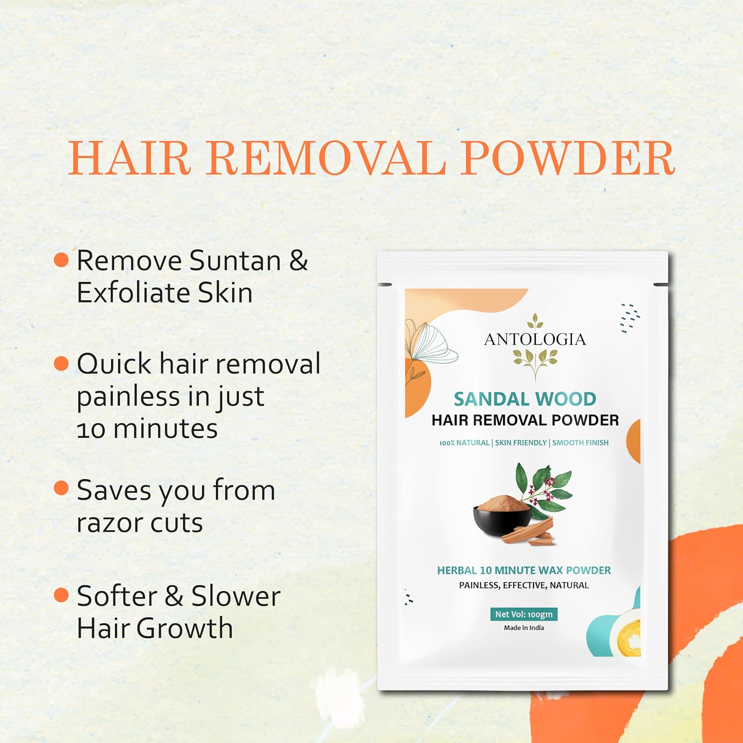 Antologia Hair Removal Powder, 100% Natural, Skin Friendly, Herbal 10 Minute Wax Powder, Painless (Sandalwood)