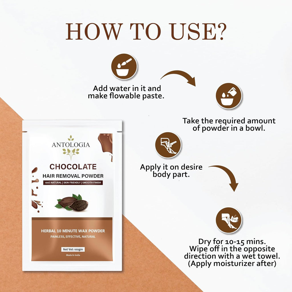 Antologia Hair Removal Powder, 100% Natural, Skin Friendly, Herbal 10 Minute Wax Powder, Painless (Chocolate)