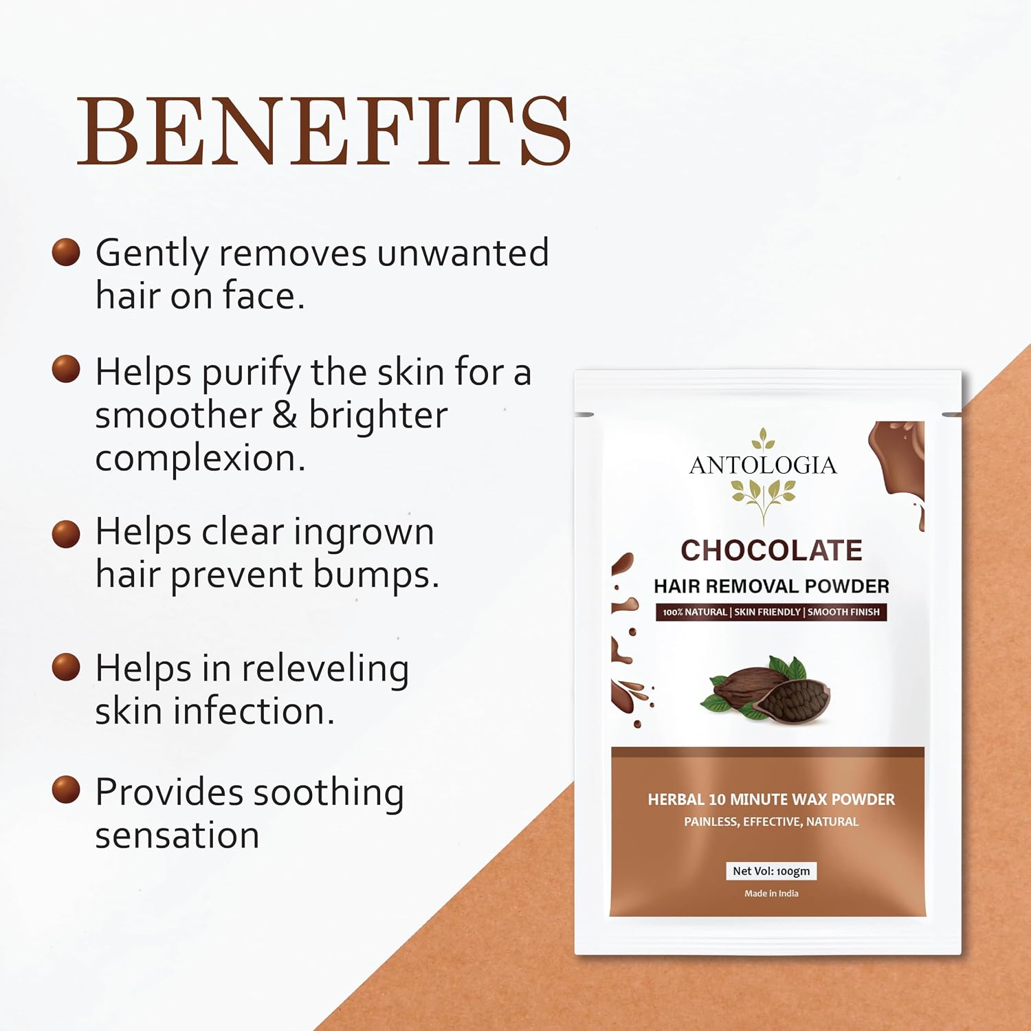 Antologia Hair Removal Powder, 100% Natural, Skin Friendly, Herbal 10 Minute Wax Powder, Painless (Chocolate)