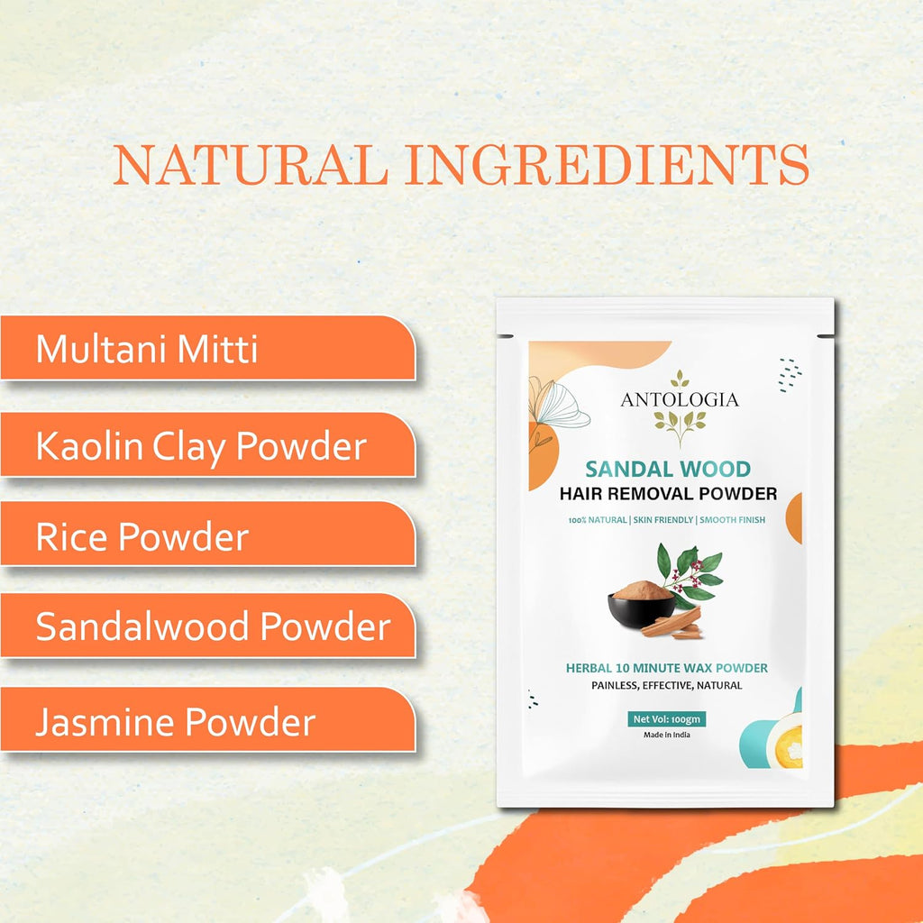 Antologia Hair Removal Powder, 100% Natural, Skin Friendly, Herbal 10 Minute Wax Powder, Painless (Sandalwood)