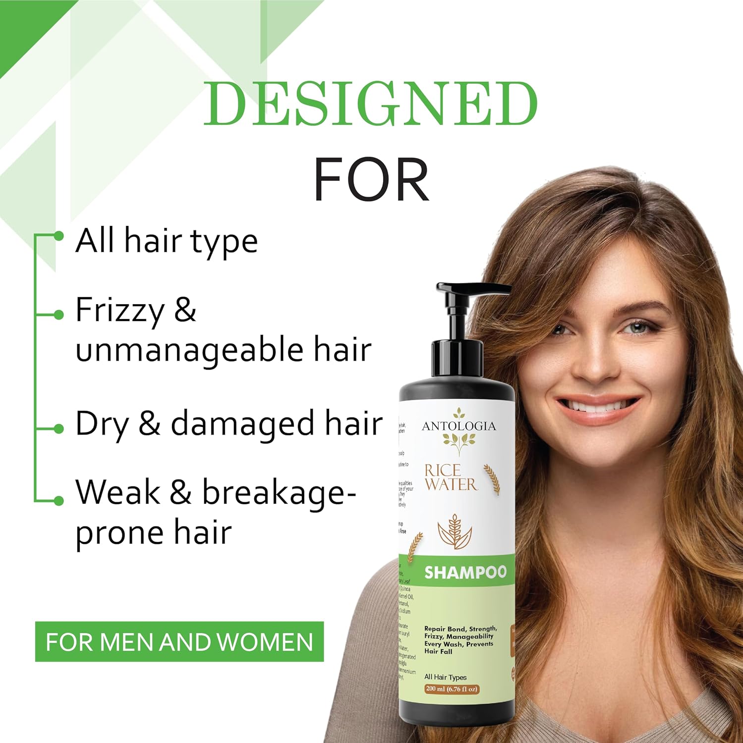 Antologia Rice Water Shampoo for All Hair Types, Repair Bond Strength, Anti-Frizz, Prevents Hair Fall, Deep Nourishment, 200ml