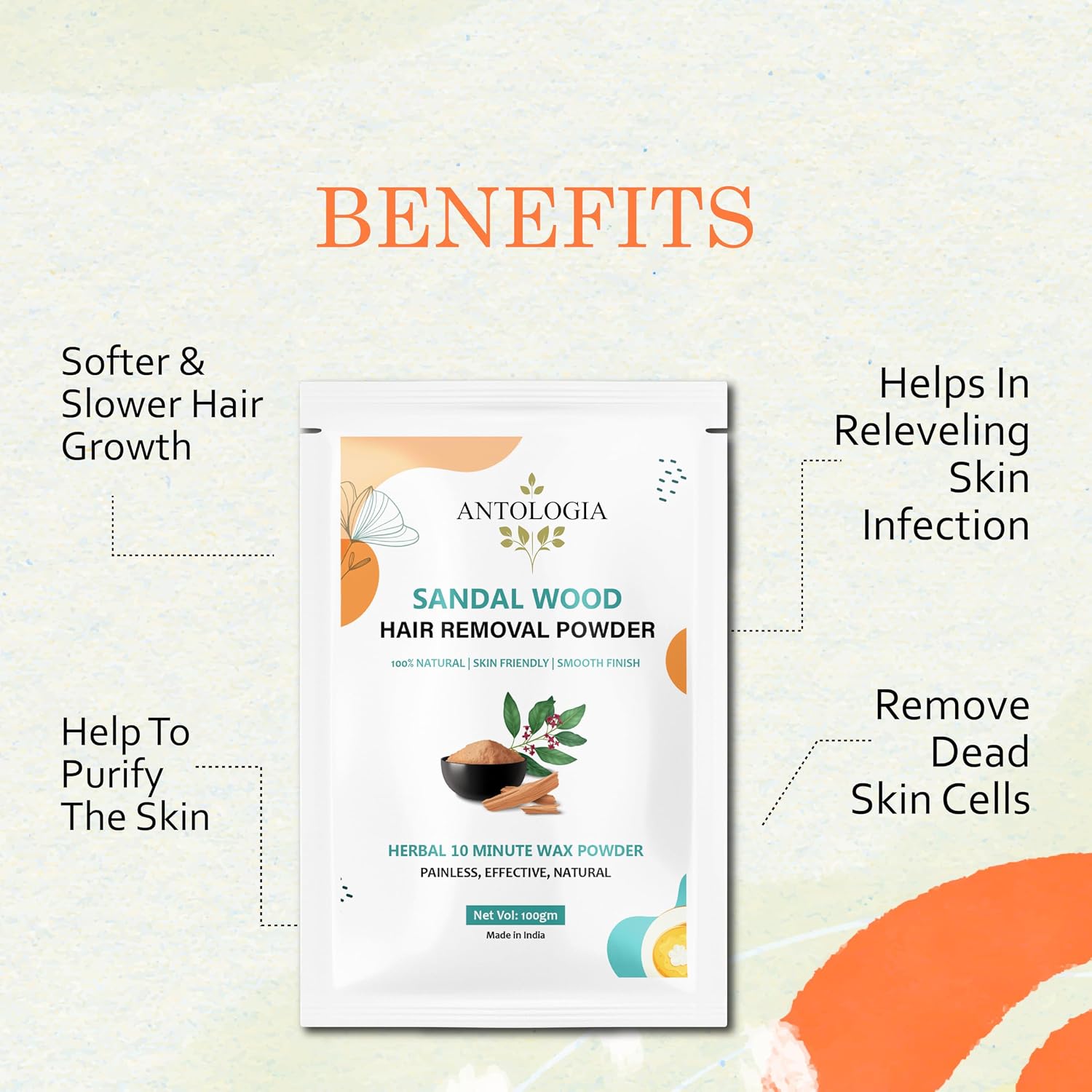 Antologia Hair Removal Powder, 100% Natural, Skin Friendly, Herbal 10 Minute Wax Powder, Painless (Sandalwood)
