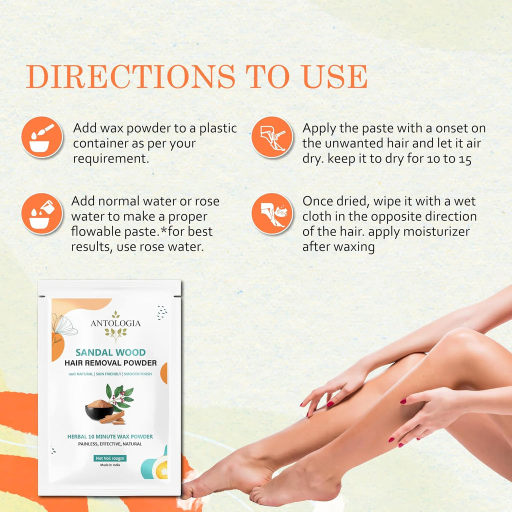 Antologia Hair Removal Powder, 100% Natural, Skin Friendly, Herbal 10 Minute Wax Powder, Painless (Sandalwood)